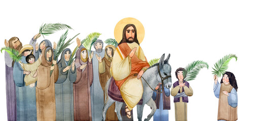 Wall Mural - Watercolor illustration of Palm Sunday: Jesus Christ enters Jerusalem on a donkey, people greet him with palm branches. For Christian church publications, prints, bible magazines