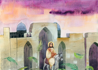 Entry of the Lord into Jerusalem, Palm Sunday, watercolor illustration, Jesus Christ on a donkey, against the backdrop of Jerusalem, palm branches. For religious Christian publications