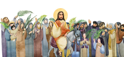 Watercolor illustration of Palm Sunday: Jesus Christ on a donkey, people greet him with palm branches. For Christian holiday church publications, prints, bible magazines