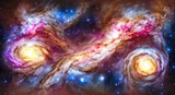 Fototapeta Do przedpokoju - Ultrawide Illustration of a space cosmic background of supernova nebula and stars, glowing mysterious universe. Concept wallpaper art.  Ai  generative.