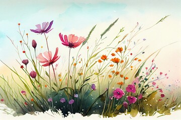 Watercolor Illustration of a Illustration Of A Flower Meadow In Spring. Generative AI