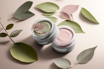 Eco friendly cosmetics decorated with green leaves, organic facial skincare, makeup and skin care cosmetic items. AI generated image.