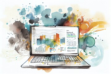 Watercolor Illustration of an Online Business Analysis. Generative AI 