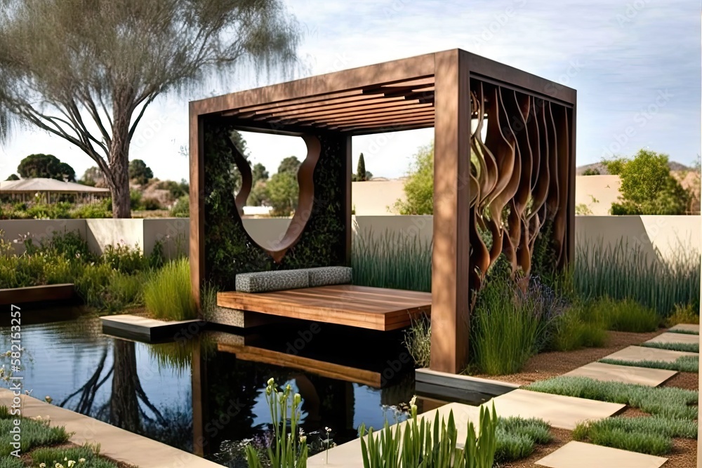 wooden vertical garden pergola with rectangular ponds at modern patio, created with generative ai