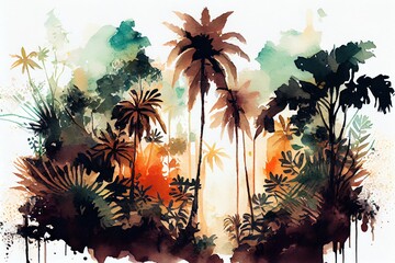 Wall Mural - Watercolor Illustration of a Palm Trees In A Jungle Forest, Landscape. Generative AI