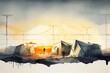 © Pixel Matrix - Watercolor Illustration of a Tent Camp Cities Or Refugee Camps Along A High Border Fence Or Wall On A Fictitious Border. Generative AI