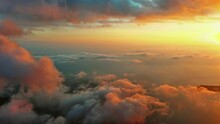 Flying In Bright Clouds Over Sea In Bright Sunset Colors, 4k