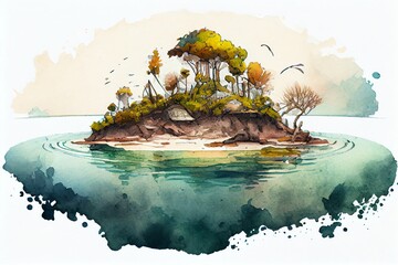 Wall Mural - Watercolor Illustration of achor In The Shallow Water Of A Small Island Illustration. Generative AI