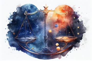 Wall Mural - Watercolor Illustration of a Zodiac Sign Of Libra, Scales With Magic Light And Stars In Space. Generative AI