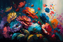 Colorful Flowers On A Canvas Painted With Oil Paints - Generative Ai