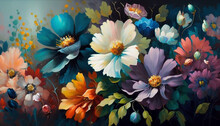 Beautiful Canvas Of Vivid Flowers In Oil Painting - Generative Ai