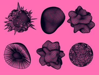 Distorted shapes made of mesh.  Set of abstract vector 3D elements for cover or poster design. 