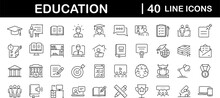 Education Set Of Web Icons In Line Style. Learning Icons For Web And Mobile App. E-learning, Video Tutorial, Knowledge, Study, School, University, Webinar, Online Education. Vector Illustration