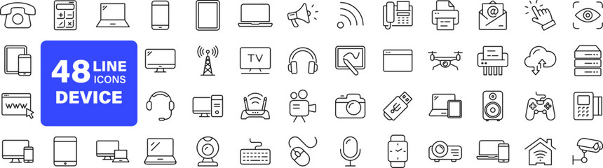 Poster - Devices set of web icons in line style. Electronic devices and gadgets icons for web and mobile app. Smart devices, technology, computer monitor, smartphone, tablet, laptop, drone. Vector illustration