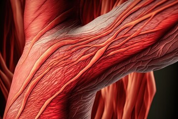 Wall Mural - red bulging muscle fibers of arm close-up, created with generative ai