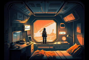 Wall Mural - Illustration cartoon design of a crowded astronaut's sitting bedroom in the spaceship and looking outside to the space view. spaceman sitting bedroom in spaceship. Non-existent person. Generative Ai	
