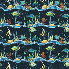 Wall Mural - Tropical fish with sea waves, corals, algae and bubbles. Watercolor illustration. Seamless pattern. For fabric, textiles, prints, wallpaper, children's rooms and clothing, beach accessories.