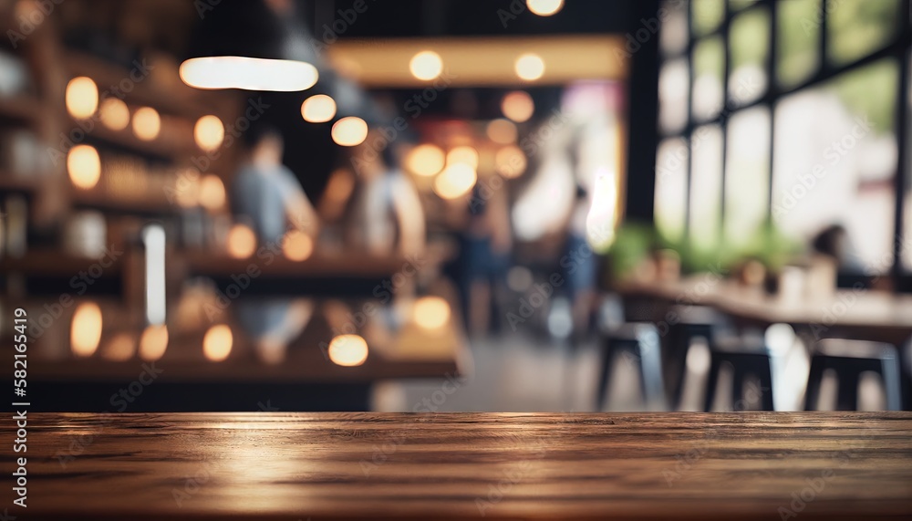 Empty wooden table space platform and blurry defocused restaurant ...