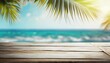 Top of wood table with seascape and palm leaves, blur bokeh light of calm sea and sky at tropical beach background. Generative AI.