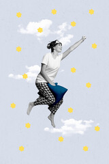 Sticker - Vertical creative collage young girl waking up after full night sleeping healthy energy ready to catch stars flying on pillow