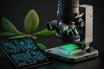 Sticker - nanotechnologies microscope with magnifying lens and camera, created with generative ai