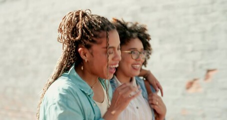 Canvas Print - Women, lesbian couple walking and laughing in city, bonding and hugging together on street. Girls, love and smile of happy females talk on romantic date, laugh at funny joke or comedy, humor or comic