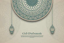 A Poster For Eid Mubarak With A Pattern Of Lantern And Mandala On A Beige Background.