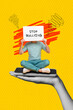 Vertical collage young man against aggression sitting smartphone display fight versus hate hold placard stop bullying isolated on yellow background