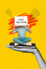 Vertical collage young man against aggression sitting smartphone display fight versus hate hold placard stop bullying isolated on yellow background