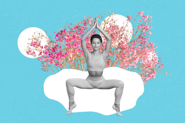 Sticker - Conceptual collage picture with harmony girl meditating over pink wildflowers background connection with nature vitality wellness