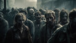 crowd of undead zombies in post-apocalyptic city at night. Generative AI illustration