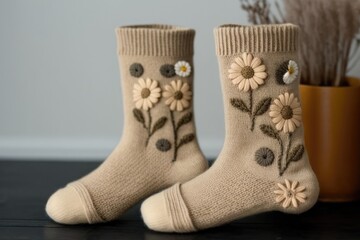 Wall Mural - knitted beige set of socks with floral decorations on toe, created with generative ai