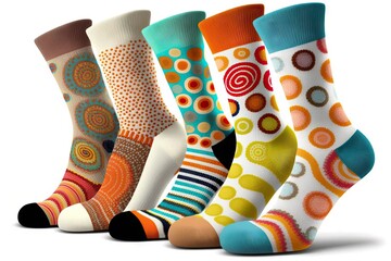 Wall Mural - bright summer set of socks with patterns isolated on white background, created with generative ai