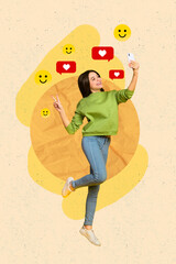 Poster - Vertical collage picture of teen girl jump hold smart phone make selfie fingers show v-sign receive like smile emoji notification