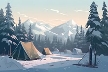A Winter Campsite, With Snow Covering The Tent And Surrounding Trees
