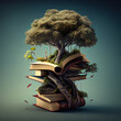 Book or tree of knowledge concept with an oak tree growing from old open books. AI generated content