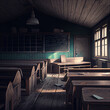 Old and abandoned school classroom interior. Dirty grunge room with windows and desks. Selective focus. AI generated content