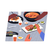 Restaurant Meal. Hands At Dinner Table, Taking Food, Snacks, Dishes. People Friends Eating Out On Holiday With Wine, Wineglasses, Served Tasty Meat, Fish, Soup On Plates. Flat Vector Illustration