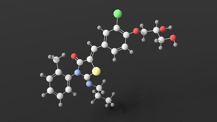  ponesimod molecule, molecular structure, immune modulator, ball and stick 3d model, structural chemical formula with colored atoms