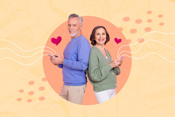 Wall Mural - Creative collage image of two aged cheerful people hold smart phone heart like notification isolated on drawing background