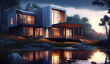 © ADDICTIVE STOCK - Generative AI illustration of big modern cottage with panoramic windows located near small lake in evening