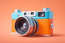 Old Reflex Camera On Orange Background. Generative AI