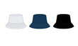 Vector template of a fashionable hat with a round brim. Drawing of a summer hat protecting from the sun. A set of hats in white, blue, black colors. Headwear for a stylish look.