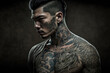 © ADDICTIVE STOCK - Generative AI illustration of young serious tattooed man with sweater on shoulder standing against black background looking away