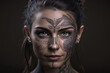 © ADDICTIVE STOCK - Generative AI illustration of young cool female with tattoos on face and piercing on ears standing against black background looking at camera