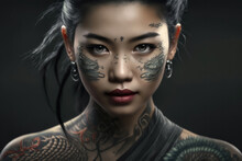 AI Generated Hyperrealistic Graphic Design Artwork Of Portrait Of Asian Female Model With Tattoo And Earrings Looking At Camera Against Dark Background