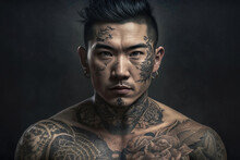 Generative AI Illustration Of Young Serious Tattooed Man Standing Against Black Background Looking At Camera