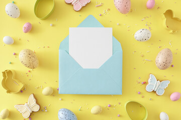 Wall Mural - Easter concept. Flat lay photo of open envelope with white card colorful eggs butterfly shaped cookies sprinkles and baking molds on pastel yellow background