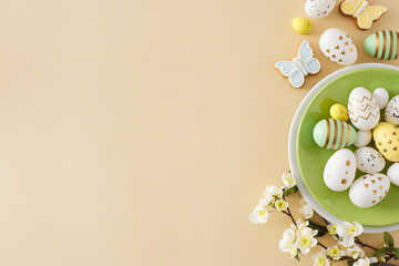 Wall Mural - Easter concept. Flat lay photo of green plate with colorful easter eggs butterfly cookies and spring blossom flowers on isolated beige background with ecopyspace
