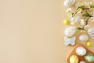 Wall Mural - Easter decor idea. Flat lay composition of white yellow easter eggs in wooden holder butterfly cookies and spring blossom flowers on pastel beige background with empty space